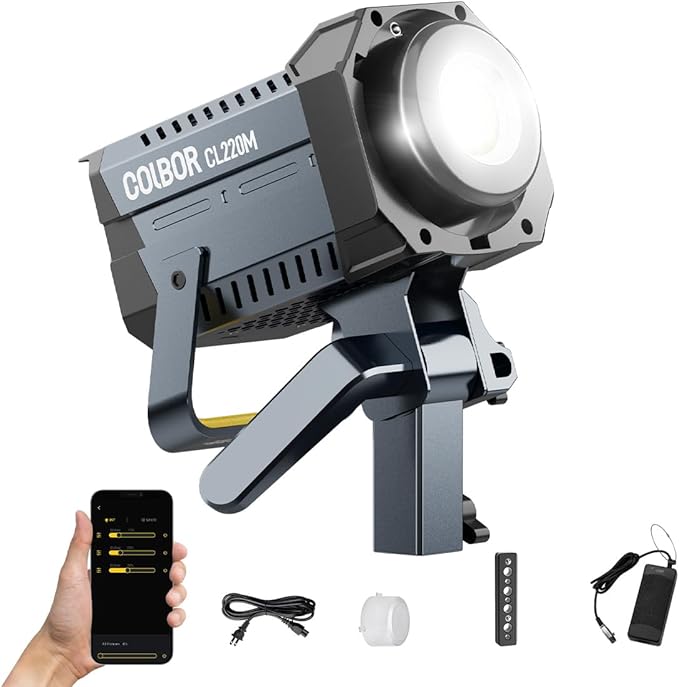 Video Light, COLBOR CL220M LITE 220W Continuous Output Lighting 2700-6500K CRI96+ 10,800Lux at 3.3ft COB Studio Light with 7 Light Effects Bowens Mount APP, Video-Light-Studio-LED-Photography