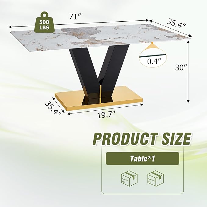 Marble Dining Table for 6,71'' Gold Dining Table with Faux Marble Table Top and Glossy Black V-Shaped Base,Large Modern Dining Table Ideal for Dinner Parties Apartments Kitchen