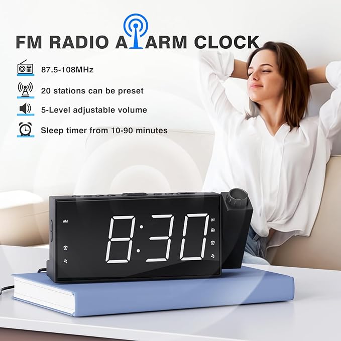 Mesqool Projection Alarm Clock with FM Radio,Large Number Display & Dimmer,USB Charger,Sleep Timer,Battery Backup,Dual Alarms,Clock Radio for Bedroom Heavy Sleepers