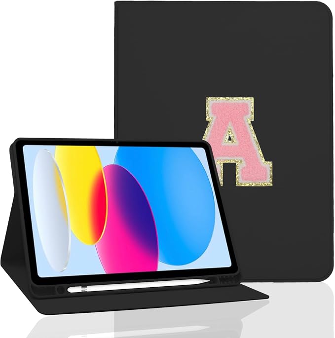for iPad 9th Generation 10.2 Inch 2021/2020/2019 Case Initial Chenille Letter Suture Personalized for iPad 9th/8th/7th Generation Case with Auto Sleep/Wake Pencil Holder (Black A)