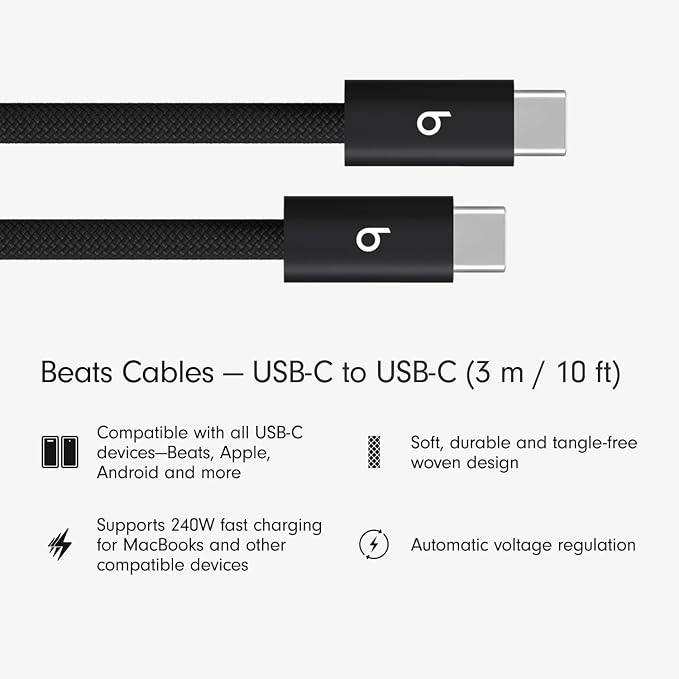 Beats 240W USB-C to USB-C Braided Cable Fast Charging Durable/Tangle Free Compatible with Apple and Android Devices (3 m/10 ft) – Bolt Black