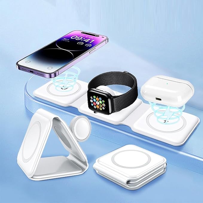 IHAO 3in1 Multifunctional Foldable Wireless Charging Station with LED Ambient Night Light Fast QC3.0 Charger for Phone iWatch Headphone Space-Saving Auto-Shutoff &amp Overcharge Protection-Black