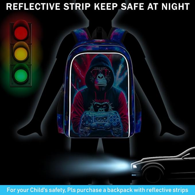 gxtvo 3PCS Game Backpack for Kids, 17" Boys Gorilla Bookbag with Lunch Box, Water Resistant Middle Elementary School Bag - Gaming Gorilla