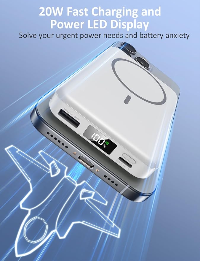 Magnetic Portable Charger, 10000mAh Power Bank, 5 in 1 Portable Charger with Built in Cable, 20W Fast Charging for Magsafe Battery Pack Compatible with iPhone 16/15/14/13 Pro/Pro Max, Samsung Series