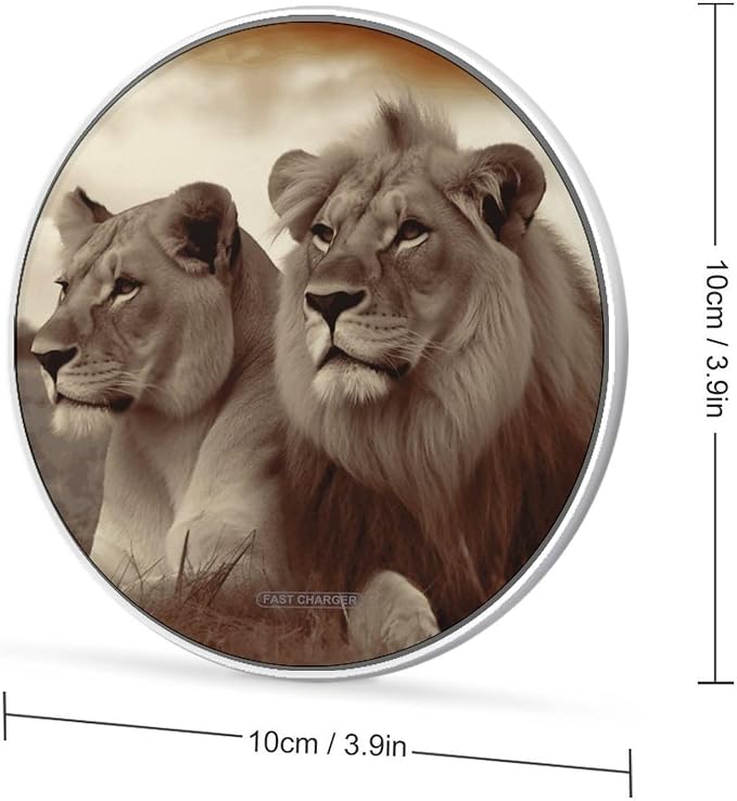 African Lion and Lioness Wireless Charger Aluminum Alloy Frame 10W Fast Charging Pad with Indicator Light 6mm Thin &amp Portable Wireless Charging Pad for Travel Home Office Desk