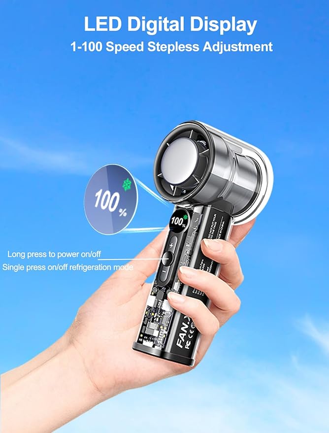 Portable Handheld Turbo Fan with Ice Cooling Plate, Personal Hand Held Mini Travel Fan 14000RPM Adjustable Speed 1-100, Portable Pocket AC Fans Rechargeable Digital Display, Gifts for Women Men Beach