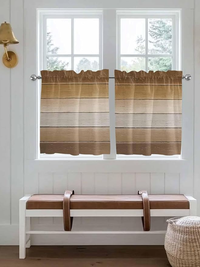 Vintage Brown Gradient Wood Grain Window Valance Curtains, Farmhouse Wood Barn