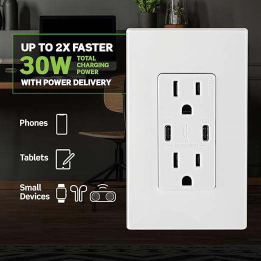 Leviton 30W (6A) USB Dual Type-C/C Power Delivery In-Wall Charger with 15A Tamper-Resistant Outlet USB Charger for Smartphones Tablets Laptops T5635-E Black