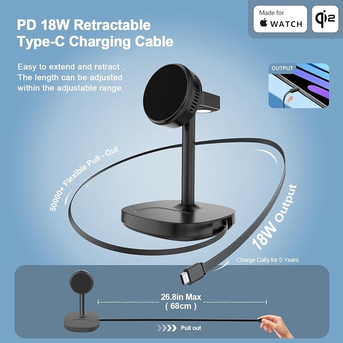 5 in 1 Qi2 Magnetic Wireless Charger Stand with Cooling Fan &amp LED Light Fast Wireless Charging Station for iPhone 17/16/15/14/13/12 AirPods Apple Watch - 65W Adapter &amp Retractable USB-C Cab