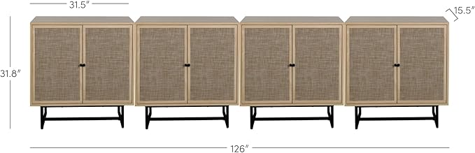 Nathan James Kova Rattan Wood Accent Sideboard Storage Cabinet TV Stand with Matte Metal Frame, Adjustable Shelves and Cane Doors, for Hallway, or Living Room, Light Oak/Cane/Black, Set of 4
