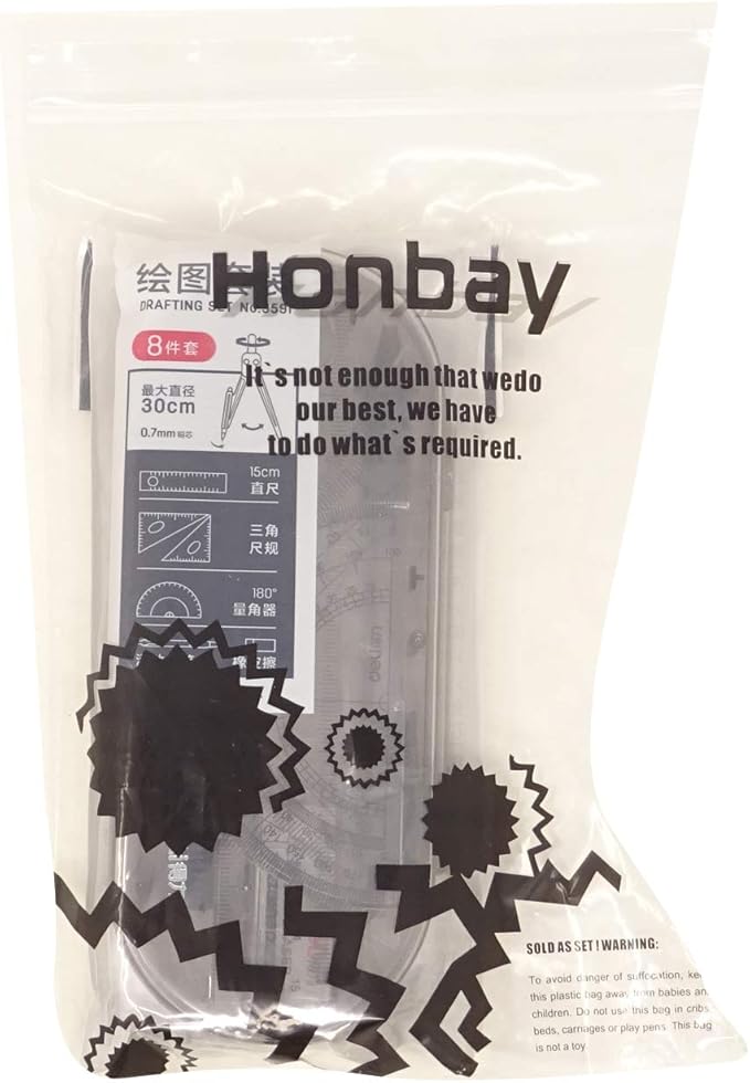 Honbay 8PCS Math Geometry Kit Set for Student and Engineering Drawing - Drawing Compass, 0.7mm Mechanical Pencil, 0.7mm Pencil Lead Refills, Eraser, Protractor, Rulers