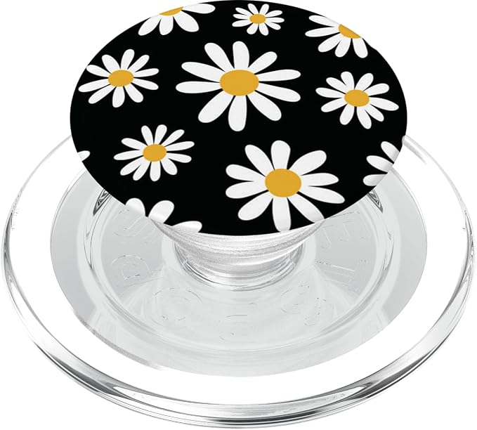 Daisies Floral Retro Pattern Large Scale Daisy on Black PopSockets Adhesive PopGrip