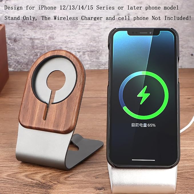 Luxury Aluminium Aloy + Solid Wooden Desktop Holder Stand Compatible with for MagSafe Charger Wireless Charging Accessories for iPhone 16/15/14/13/12 Series Cell Phones