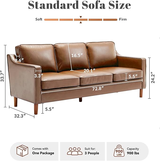 Kingfun 80" Faux Leather Sofa, 3 Seater Couch, Mid Century Modern Couch with Solid Wood Frame for Living Room & Bedroom, Brown
