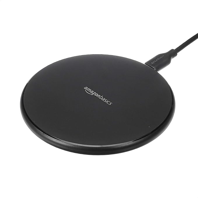Amazon Basics Wireless Charger 15W Qi Certified Wireless Charging Pad with USB Cable Compatible with iPhone 15/14/13/12/11/X Samsung &amp LG Case Compatible Black