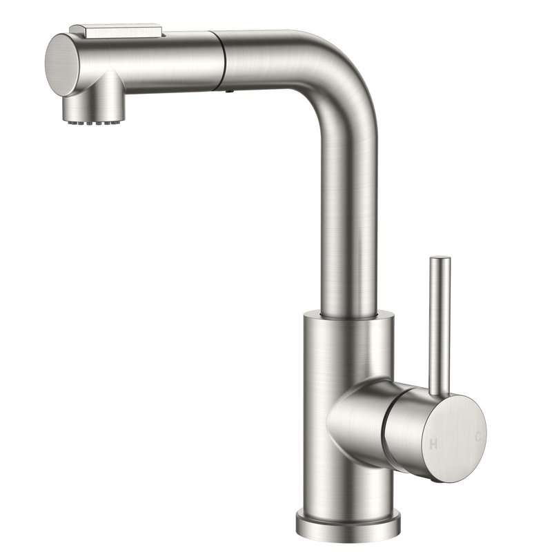 FORIOUS Modern Bar Sink Faucet Brushed Nickel, Stainless Steel Single Handle Small Kitchen Sink Faucet with Pull Out Sprayer, 360° Swivel Spout L-Shaped Design Suitable for Camper Outdoor Bathroom RV