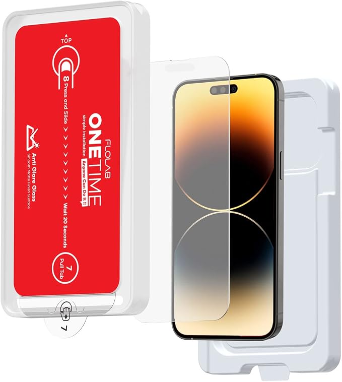FLOLAB NanoArmour ONETIME Case Friendly iPhone 14 Pro Screen Protector Best Tempered Glass Protects Your Eyes - Durable Smooth as Butter Easy to Install. Dustless