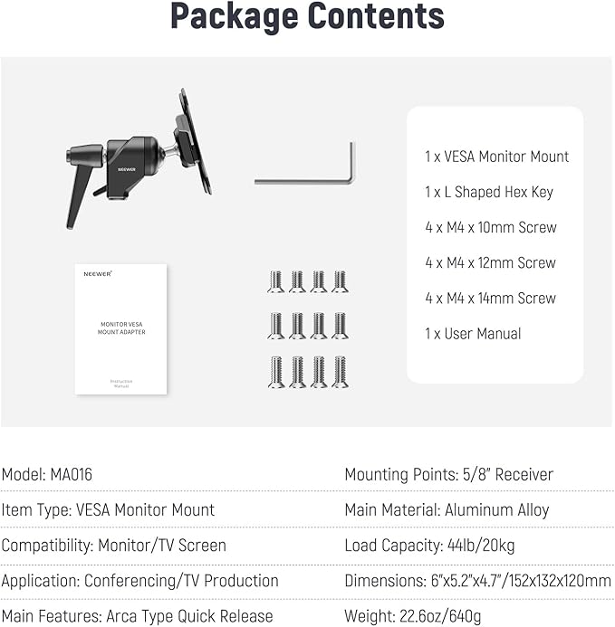 NEEWER VESA Monitor Mount Adapter with Arca Type Quick Release, 360° Rotatable Ball Head, M4 Screw & 5/8" Receiver Light Stand Adapter for TV Screen, Field Monitor, C Stand, Max Load: 44lb/20kg, MA016