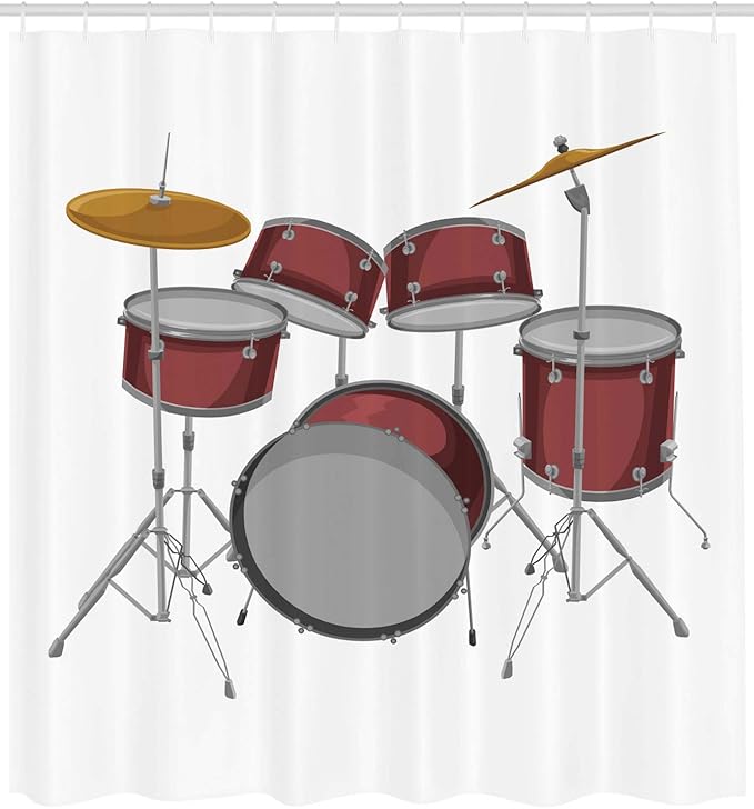 Ambesonne Drums Shower Curtain, Picture of a Drum Kit Percussion Instrument Standing on a Plain Background, Cloth Fabric Bathroom Decor Set with Hooks, 69" W x 75" L, Pale Maroon and White