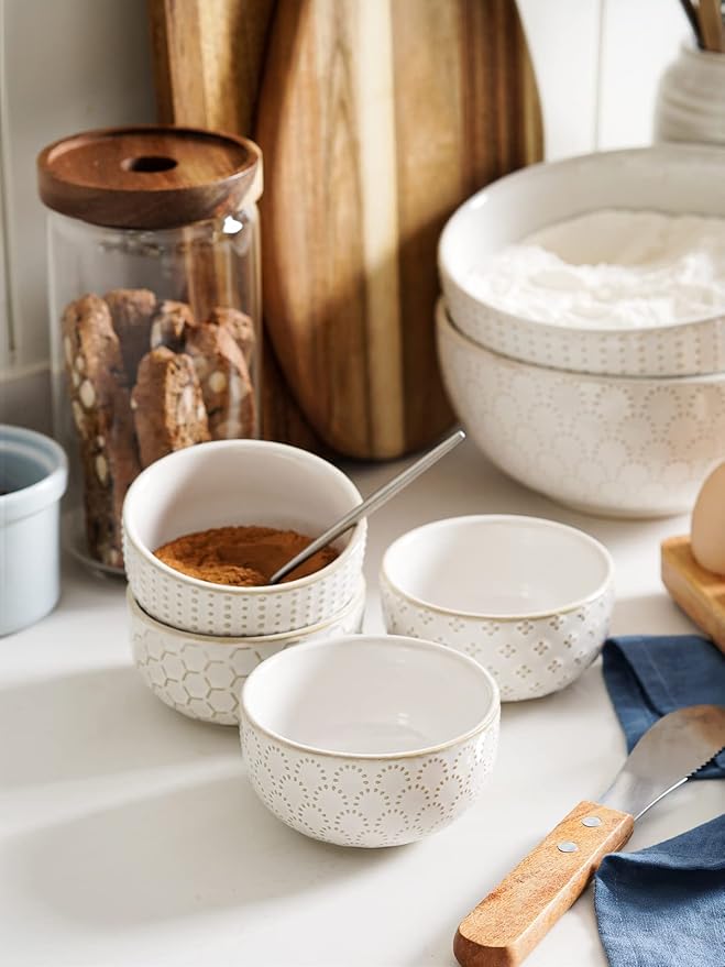LE TAUCI 3.5 Inch Small Bowls, TINY Embossed Ceramic Dip Bowls, Sauce Dishes, Condiment Cups for Appetizers, Sushi Soy Sauce, Dessert, Ice Cream, Oven & Dishwasher Safe - Set of 4, Arctic white