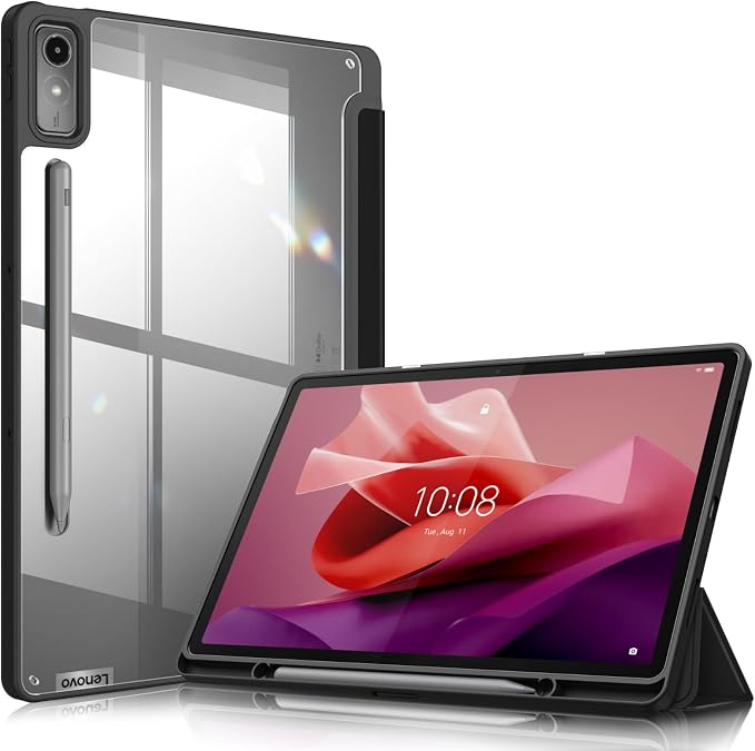 Fintie Hybrid Slim Case for Lenovo Tab P12/Xiaoxin Pad Pro 12.7 TB370FU | Tri-Fold Viewing Stand Shockproof Cover with Clear Transparent Back Shell with Pencil Holder Auto Wake/Sleep Black