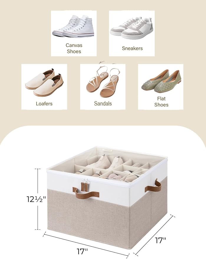 StorageWorks Shoe Organizer for Closet, Fits up to 16 Pairs, Shoe Cubby Storage Containers with Adjustable Dividers and Clear Cover, Brown & White