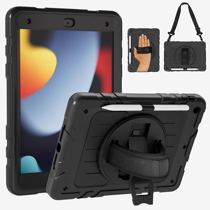 Case for iPad 9th/8th/7th Generation10.2 Shockproof 360 Rotating Stand Shoulder Hand Strap with Pencil Holder for iPad 10.2 inch 2021/2020/2019 Case (Black)