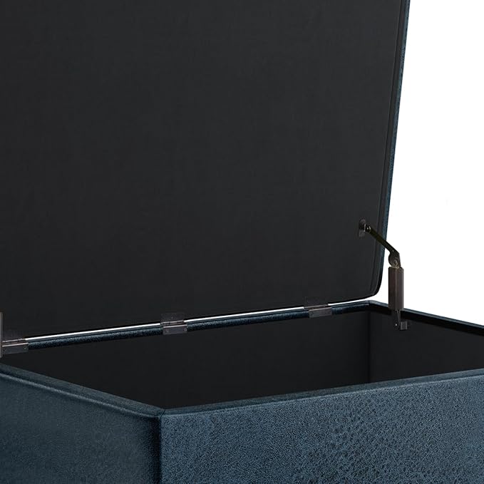 SIMPLIHOME Owen Coffee Table Storage Ottoman - 34 inch Wide Upholstered Vegan Leather Rectangular Lift-Top Ottoman in Distressed Dark Blue, Mid-Century Modern Bench for Living Room with Tapered Legs