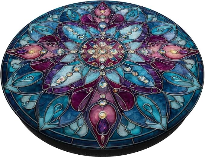 Stained Glass Style Blue Floral Mandala Bohemian Aesthetic PopSockets PopGrip for MagSafe
