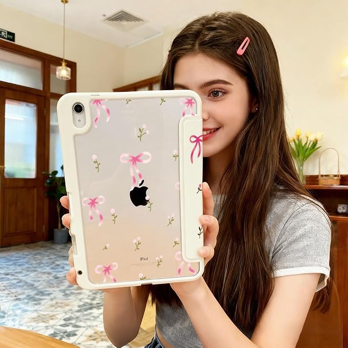 for iPad A16 11 Inch 2025 /for iPad 10th Generation 10.9 Inch 2022 Cute iPad Black Case with Pencil Holder-[Auto Wake/Sleep] Trifold Stand Soft TPU Protective Cover Pink Bows