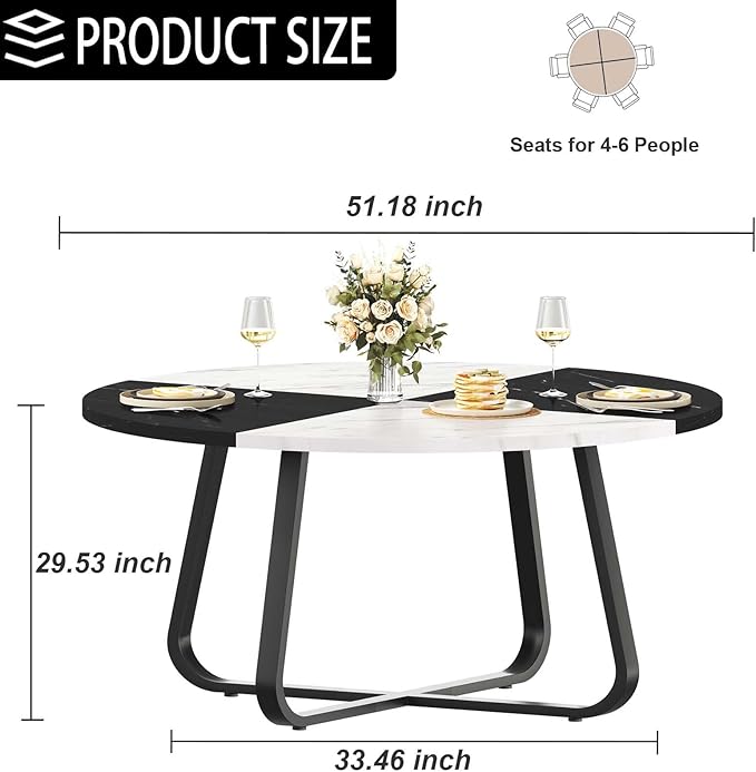LVB Round Marble Dining Table for 4 Man, Modern 51-Inch Wood Dining Table,Farmhouse Large Kitchen Table with Metal Legs for Living Room, Home, Apartment,Black and White Marble