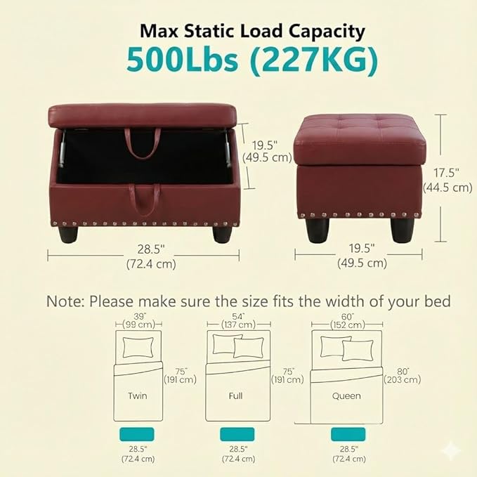 Simple Deluxe Ottoman with Storage Bench Chair, 28.5" L x 19.5" W x 17.5" H Foot Rest Stools with Synthetic Leather,Ottoman Storage Chest Box with Padded Seat for Bedroom, Living Room, Entryway,Red