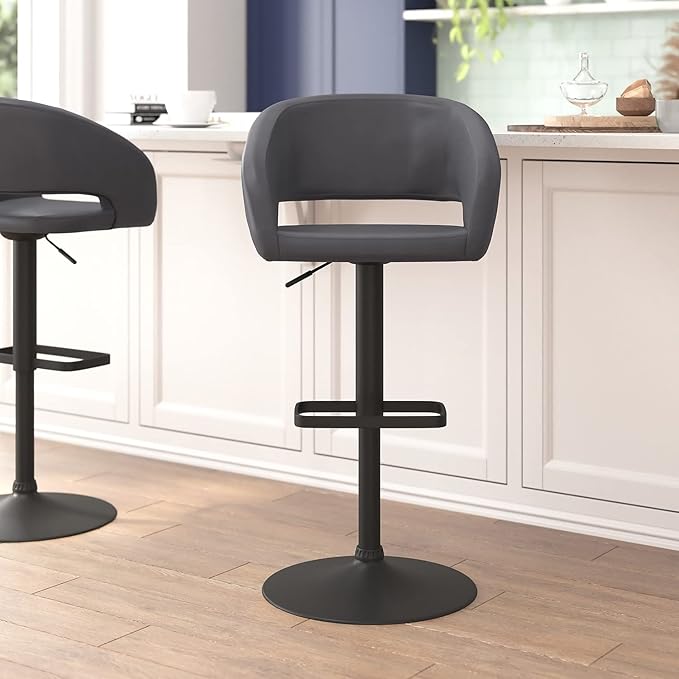 Flash Furniture Erik Comfortable & Stylish Contemporary Barstool with Rounded Mid-Back and Foot Rest, Adjustable Height - Gray Vinyl with Chrome Base