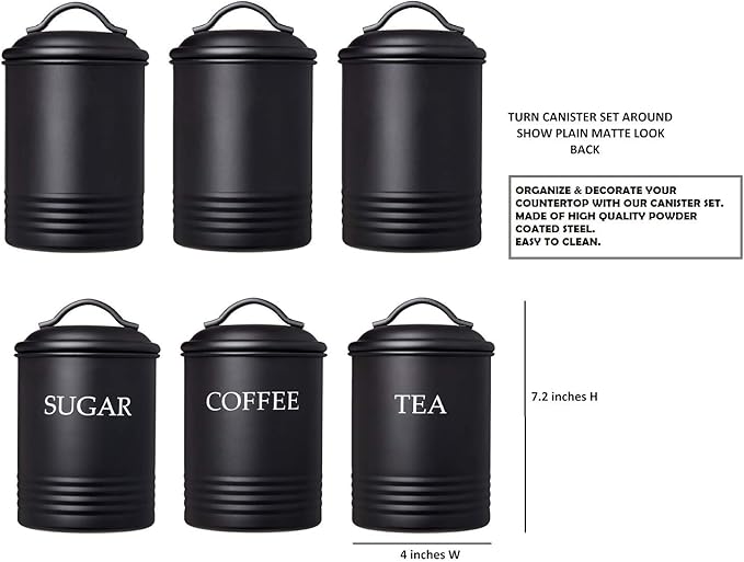 Steelware Central Black Kitchen Canister Set of 3 - Airtight Food Storage Containers with Lids for Sugar, Coffee & Tea, Stainless Steel Countertop Decorative Jar Set
