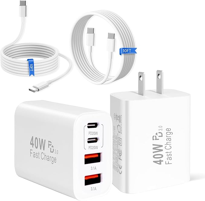 iPhone 17 16 15 Charger Fast Charging40W Dual Port A/C Phone Charger Fast Charging USB C Wall Charger Block Quick 10FT Type C Charging Cable for iPhone 17/17 Pro Max/17 Air/16 Pro/16e/15 Plus/15 Pro