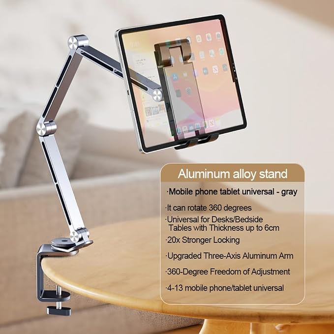 Phone/Tablet Metal Holder Stand Grey CT9 | Heavy Duty Adjustable Foldable Aluminum Universal Lazy Bracket 360° Rotation Flexible Long Arm For 4-13 Inch Devices