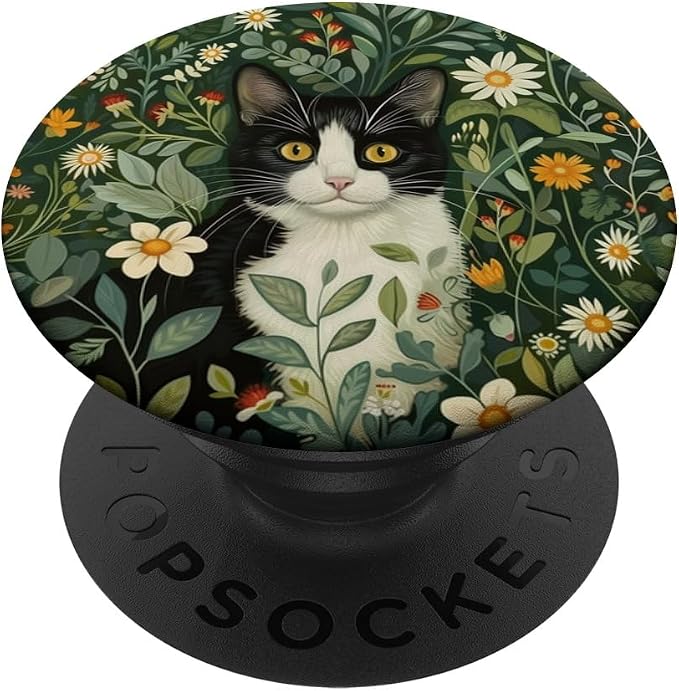 Tuxedo Cat Flowers Floral Botanical PopSockets PopGrip for MagSafe