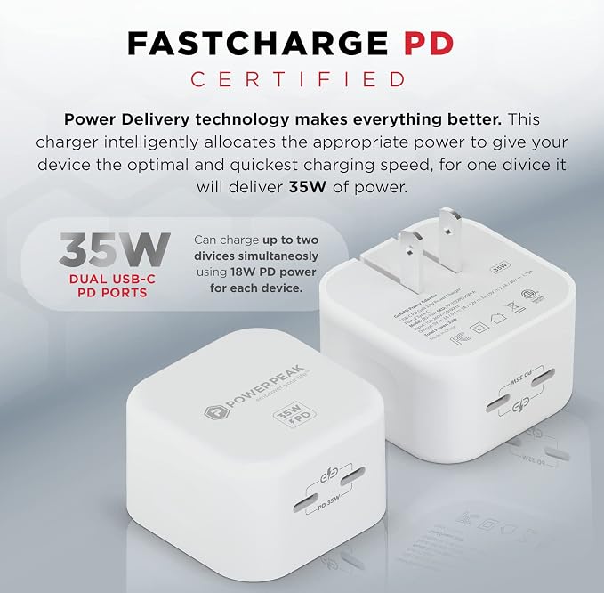 Fast Charger 35w Wall Charger Dual Port GaN Charger Technology 2 USB-C Ports White