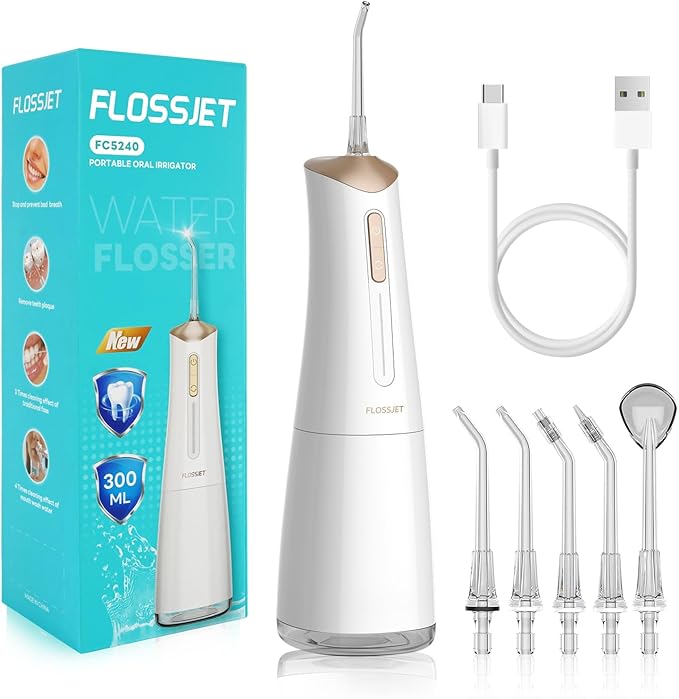 FlossJet Water Dental Flosser Cordless Oral Irrigator with 300ml 5 Tips 4 Modes USBCharger Portable Travle Irrigation Cleaner IPX7 Electric Irrigador Dental for Teeth Cleaning (White)