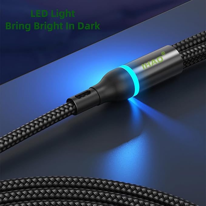 IHAO Multi Ports Charger Cable 3 Combinations in One Cable USB A to USB C/Micro USB PD Fast Charging Cord Lighted Up LED Flowing Compatible with Almost All Kinds of Electric Device-39Inches Blue