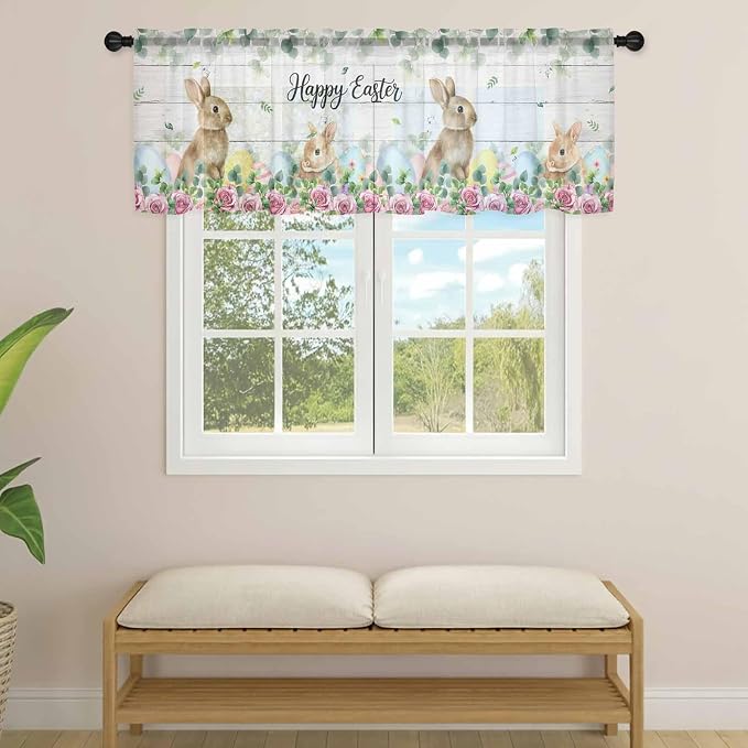 Easter Sheer Valances for Windows 42"x18", Light Filtering Kitchen Curtains