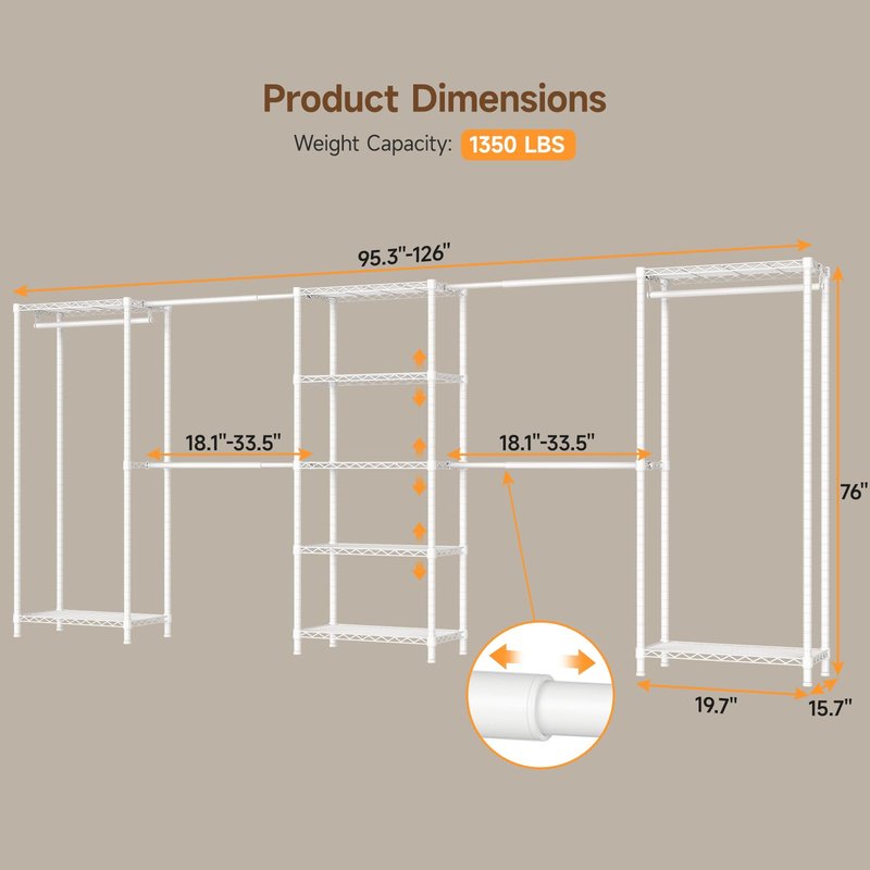 ONBRILL E5 Expandable Heavy Duty Garment Rack, Freestanding Closet Organizer System with 9 Wire Shelves & 6 Hanging Rods, Modular Metal Pipe Clothing Rack, Max Load 1350LBS, Portable Closet, White