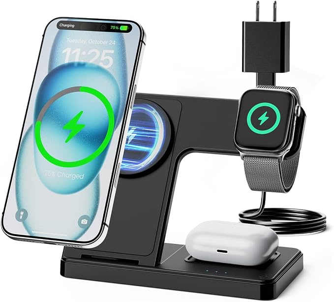25W MagSafe Charging Station 3-in-1 Magnetic Wireless Charger Stand | Foldable Phone and Watch Charger for Apple Multiple Devices-iPhone Air 17 16 15 14 13 12 Pro Max Watch and AirPods-Black