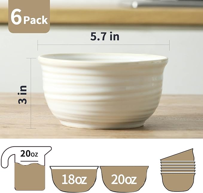 Hasense Cereal Bowls, 20 Ounce Soup Bowls Set of 6, Ceramic Deep Bowl for Kitchen, Perfect for salad Pasta Dessert Oatmeal, Dishwasher and Microwave Safe, Clay-Infused White