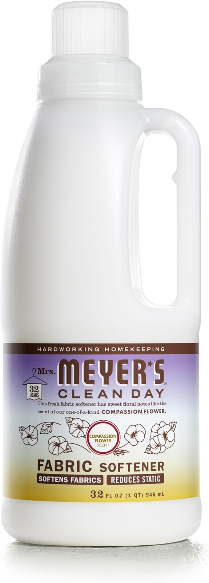 MRS. MEYER'S CLEAN DAY Liquid Fabric Softener, Infused with Essential Oils, Paraben Free, Compassion Flower, 32 oz (32 Loads)