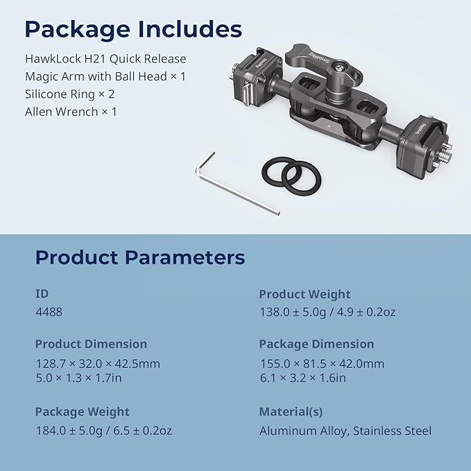 SMALLRIG Quick Release Magic Arm with 360° Ball Head, Articulating Magic Arm with 1/4"-20 Screws & Detachable Locating Pins, Max Payload 5.5kg / 12.1lbs, for Monitor, Camera Cage, HawkLock H21