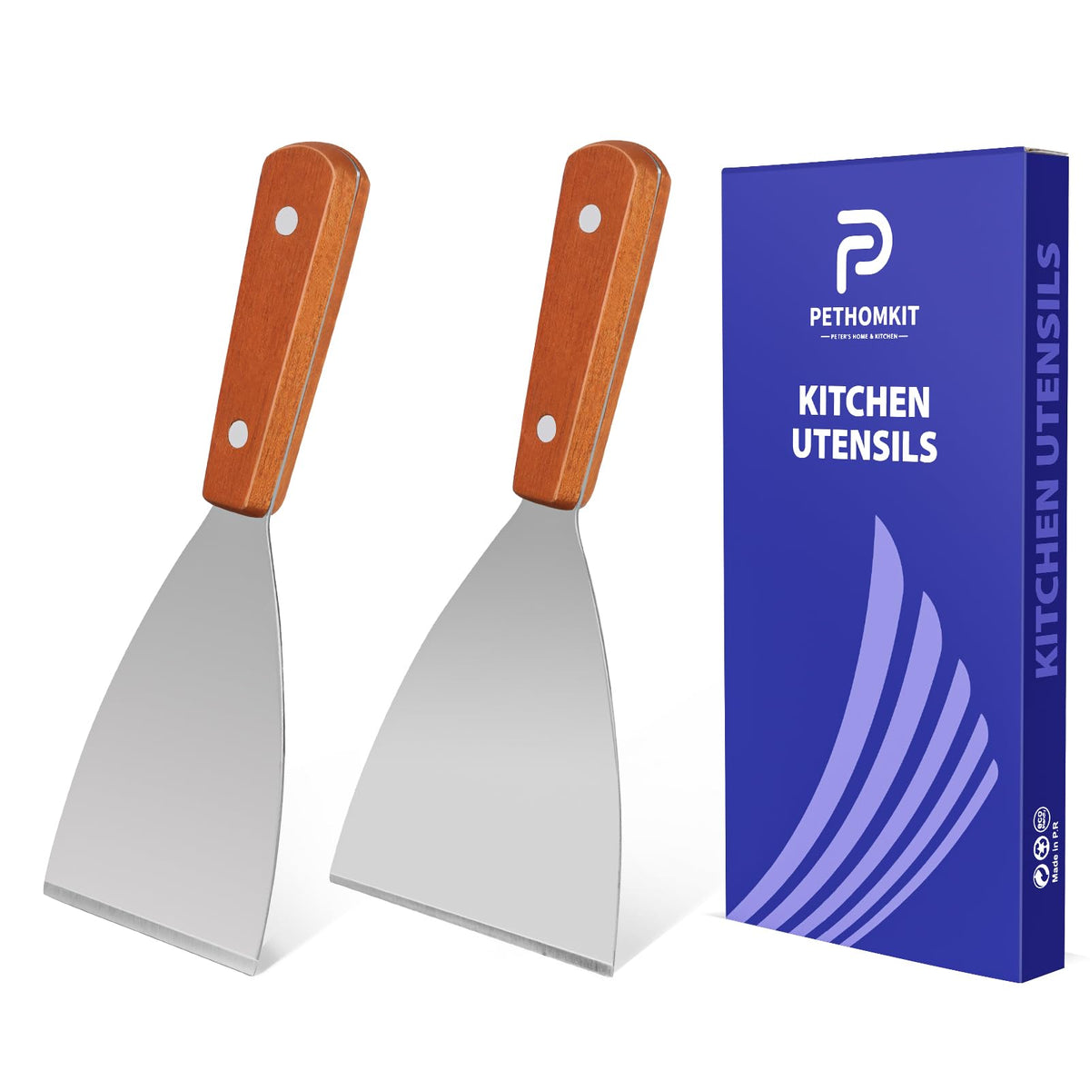PETHOMKIT Metal Spatula Turner Set with Wide Beveled Edge for Grill,2 Pack