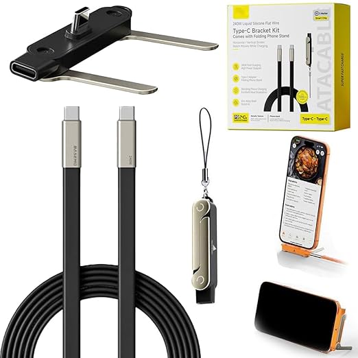 SIDEWAY Phone Charger 240W Silicone Cable with Detachable Stand - Universal Type-C 90° Angle 480Mbps Data Transfer Speed(balck)