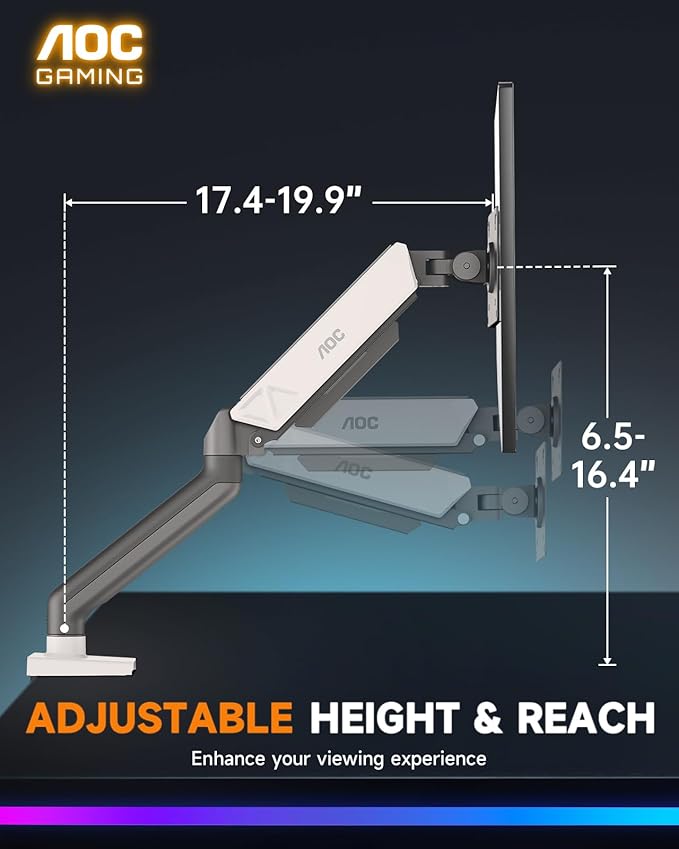 AOC Monitor Mount, Adjustable Single Monitor Arm for 17–32 Inch Screens, Fits 4.4–19.8lbs, Cable Management, VESA 75x75/100x100, C-Clamp & Grommet Base
