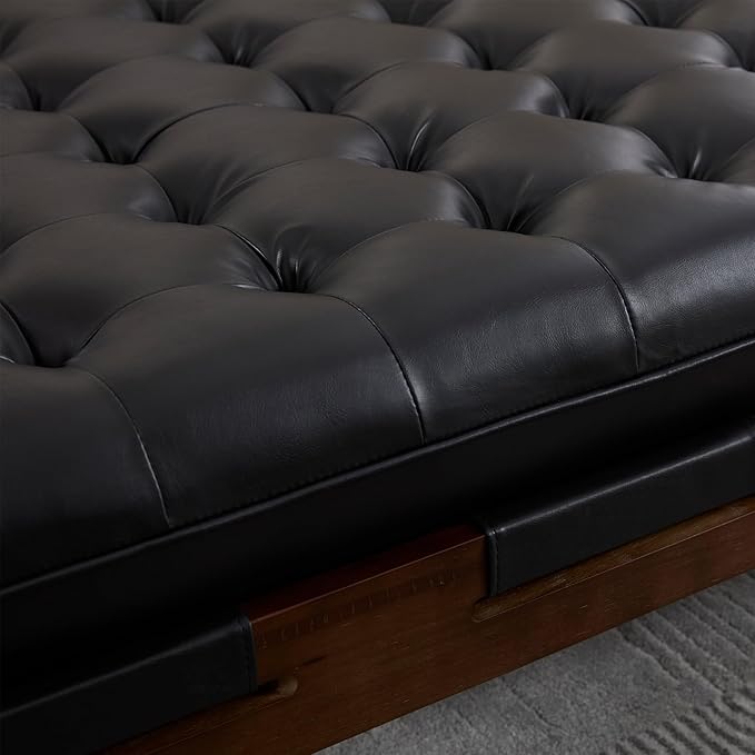 Kmax Coffee Table, 48 Inch Black Leather Ottoman Coffee Table Rectangular Upholstered Dark Wood Center Table Tufted Tea Table, Oversized Footrest Stool for Living Room - PU, Black